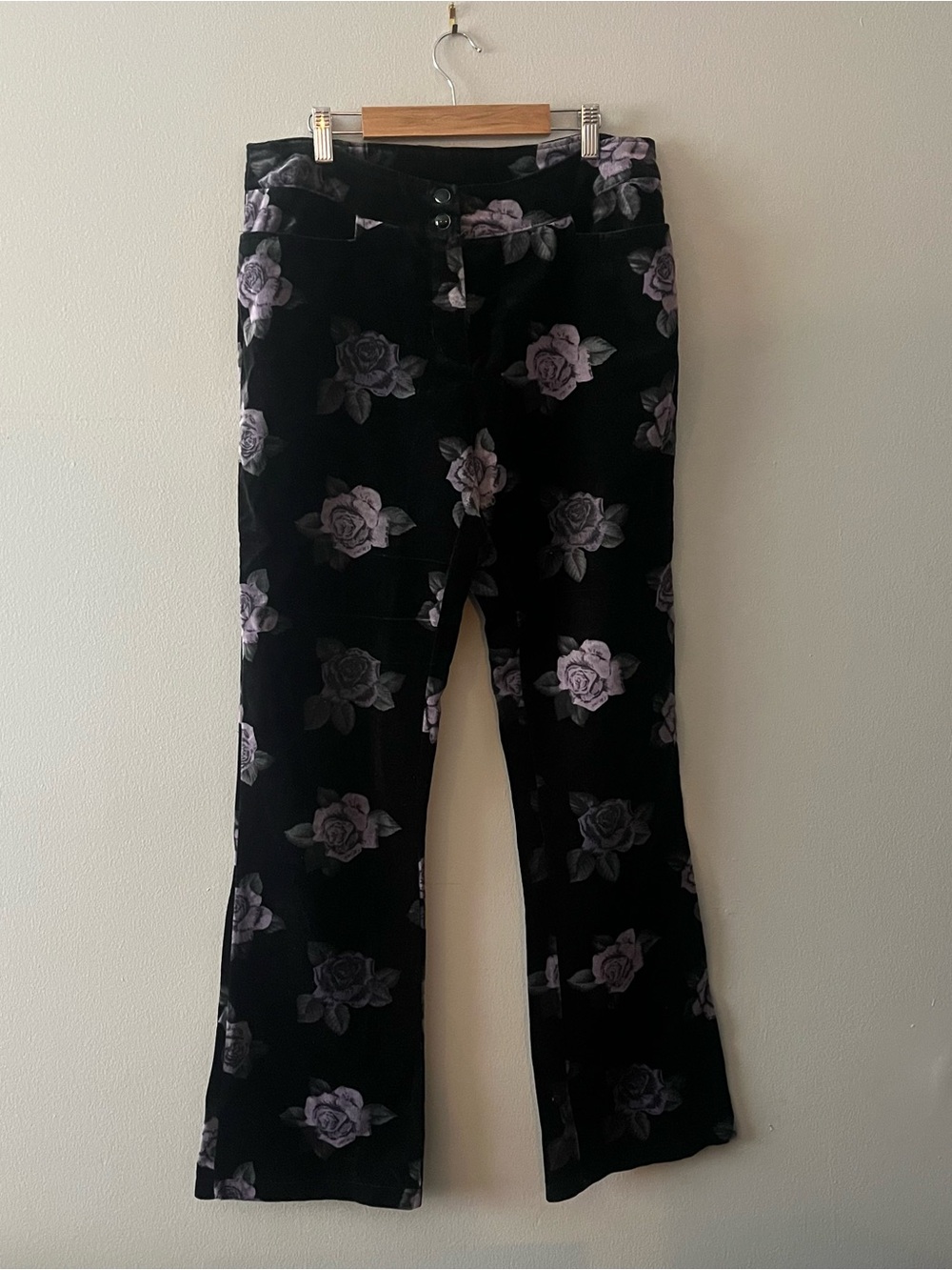 Black Velvet Floral Pants with Purple Rose Print
